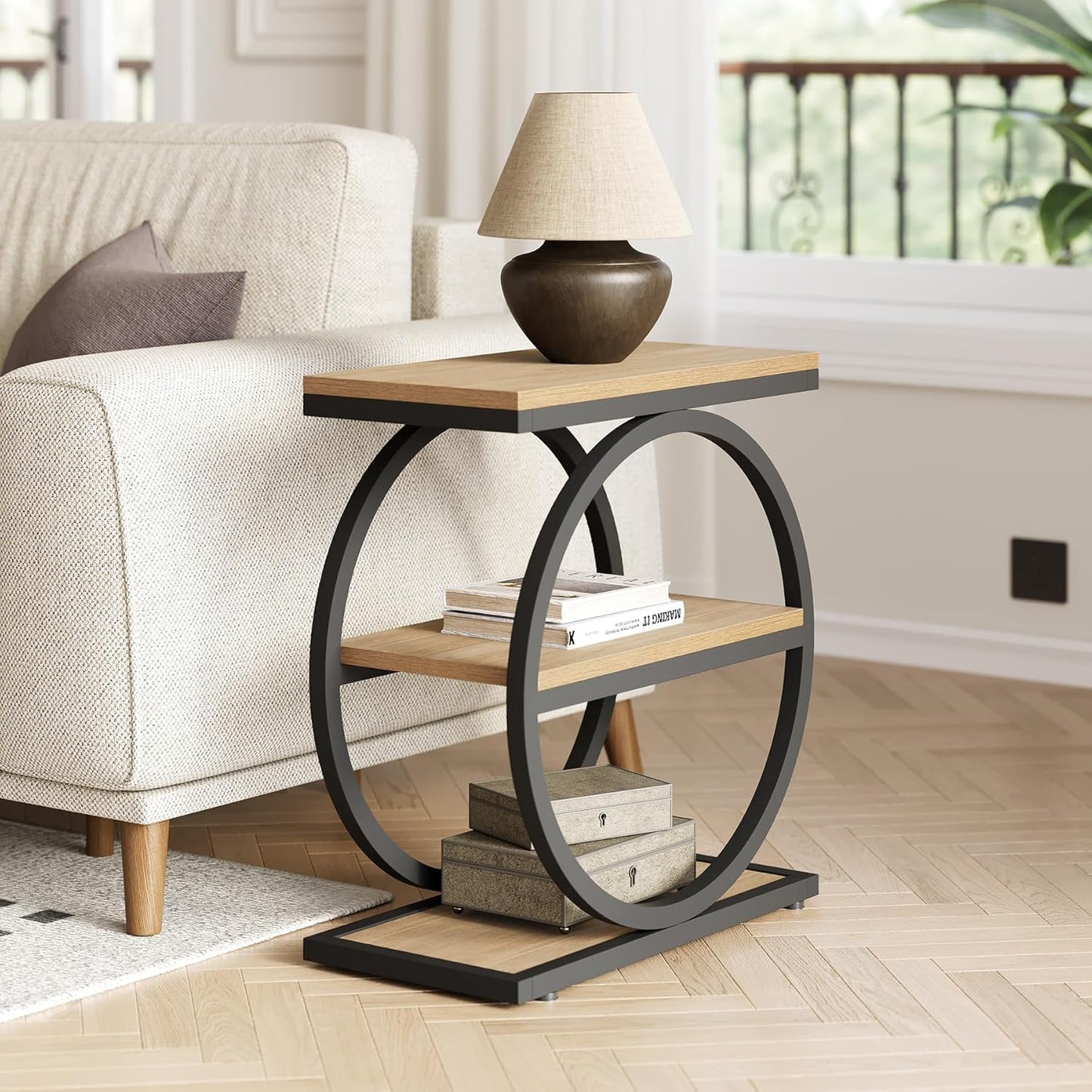3-Tier End Table, Side Table with Storage Shelves, Small Sofa Side Table for Living Room, Wooden Side End Table with Double round Metal Legs, Slim Nightstand and Bedside Table, Oak