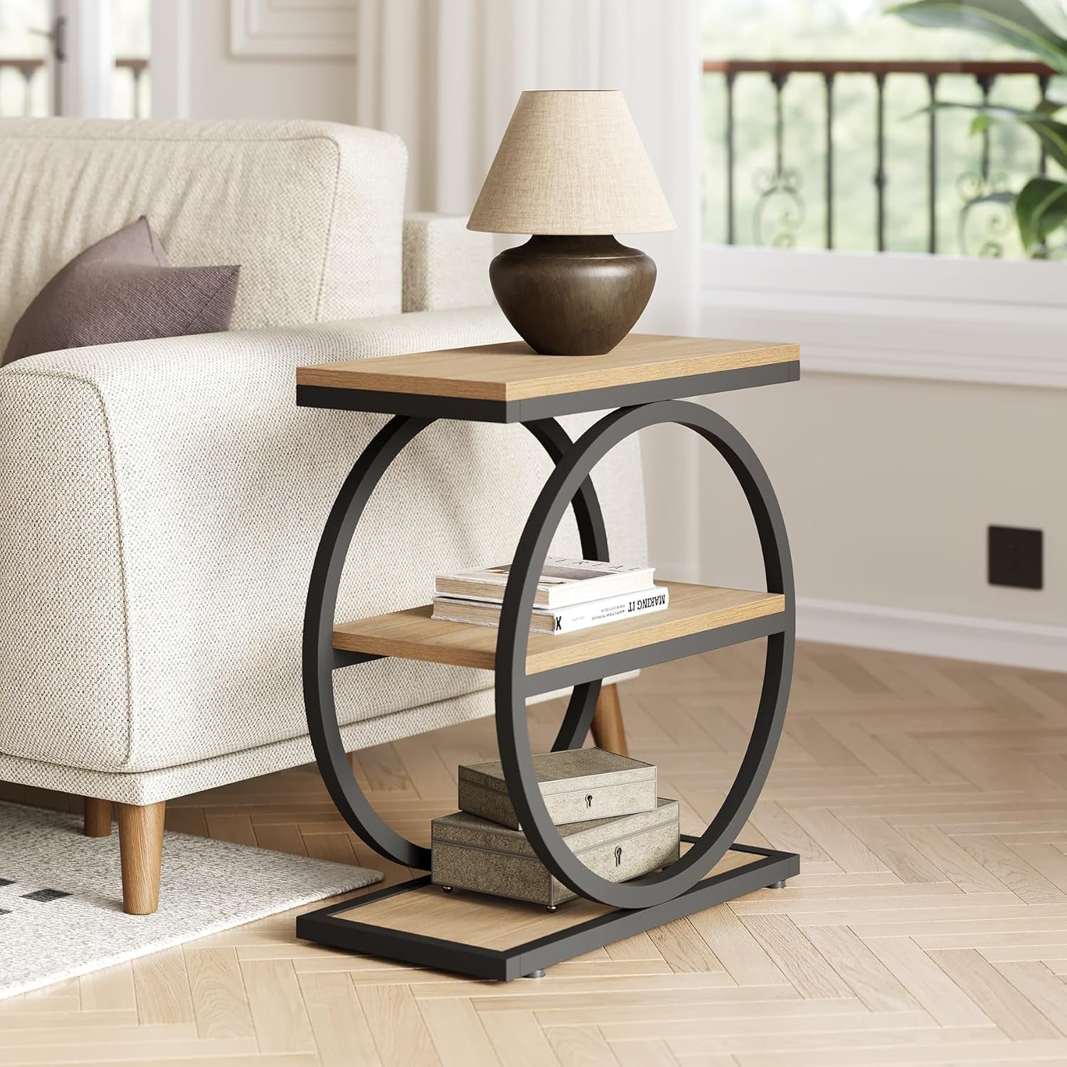 3-Tier End Table, Side Table with Storage Shelves, Small Sofa Side Table for Living Room, Wooden Side End Table with Double round Metal Legs, Slim Nightstand and Bedside Table, Oak