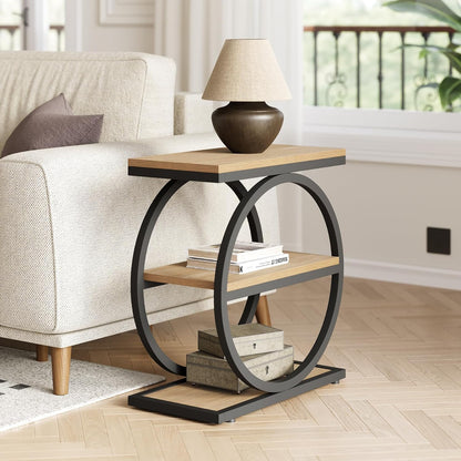 3-Tier End Table, Side Table with Storage Shelves, Small Sofa Side Table for Living Room, Wooden Side End Table with Double round Metal Legs, Slim Nightstand and Bedside Table, Oak