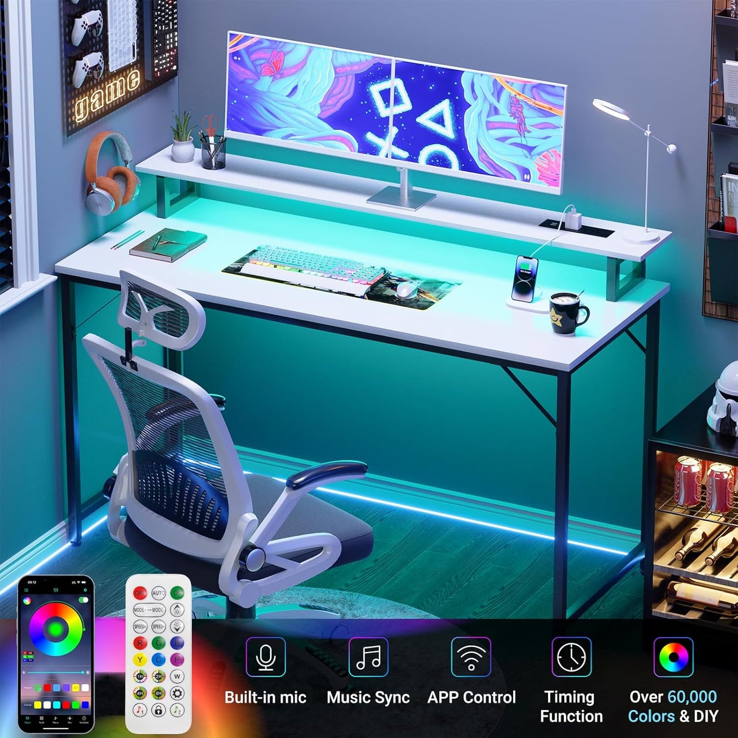 47 Inch Computer Desk with Power Outlets, Gaming Desk with LED Lights, Home Office Work Desk with Monitor Shelf, Modern Office Desk Study Writing Table for Small Spaces, White