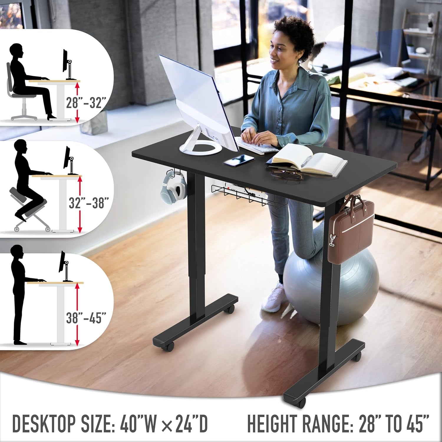 40-Inch Mobile Electric Height Adjustable Sit to Stand Desk with Drawer, Hanging Hooks and Cable Management, Black