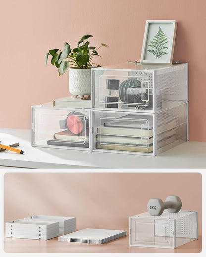 - Shoe Boxes - Pack of 8 Foldable and Stackable Shoe Bins/Organizers, up to Size 44, Clear and White, LSP08SWT