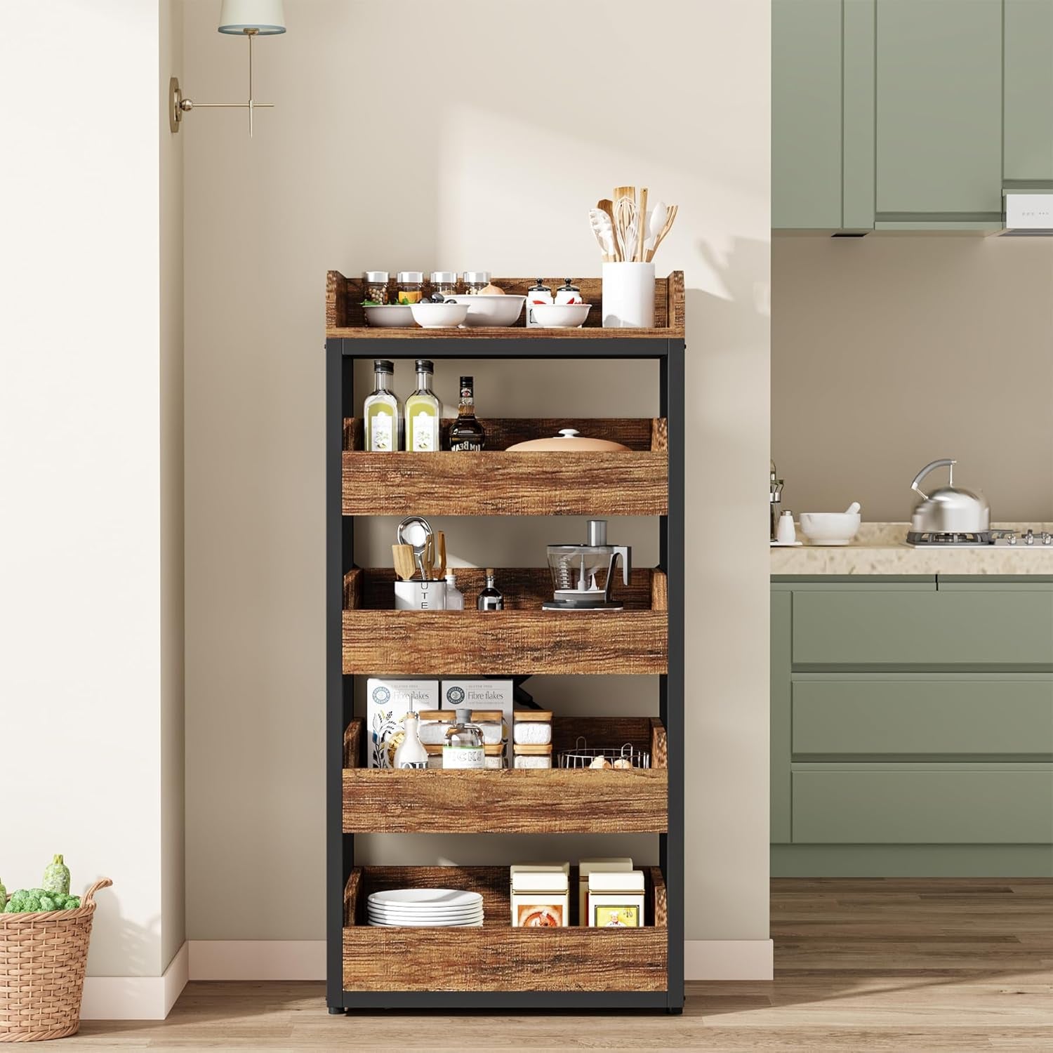 Wood Fruit and Vegetable Storage Rack, 5-Tier Pull-Out Snack Stand Fruit Basket Stand, Utility Shelf Organizer for Kitchen, Living Room, Bedroom, Rustic Brown