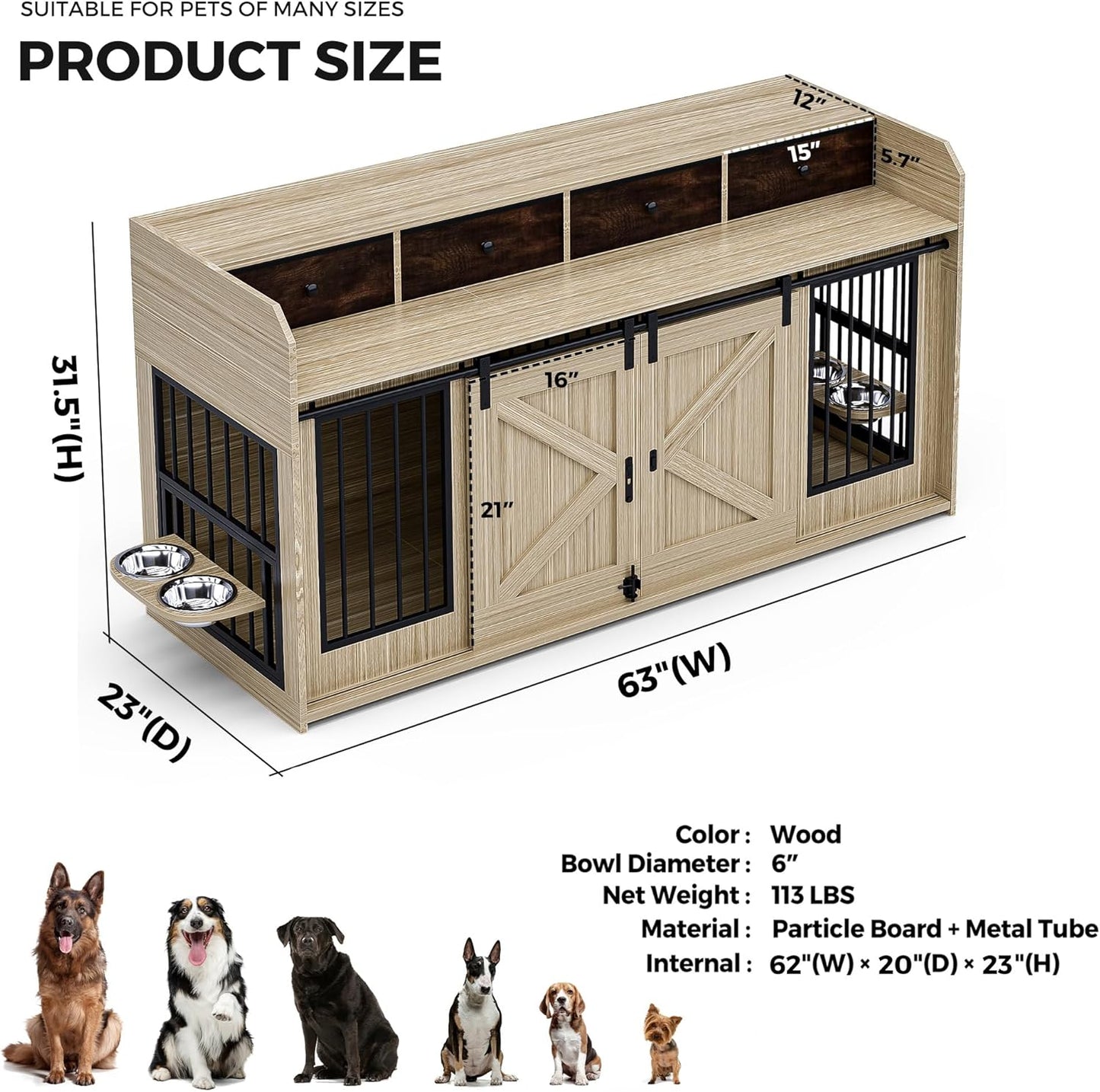 63" Double Dog Crate Furniture – Wooden Dog Kennel Indoor with Sliding Doors, Adjustable Bowls & Storage Drawers – Large Dog Crate TV Stand for 2 Dogs, Beige Wood Grain