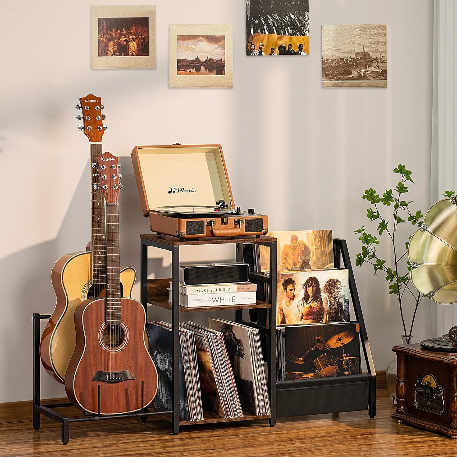 Record Player Stand, Adjustable Guitar Stand for Acoustic Guitar, Electric Guitar, Bass, Turntable Stand with Vinyl Display Shelf Storage up to 150 Albums,Brown End Table for Music Room