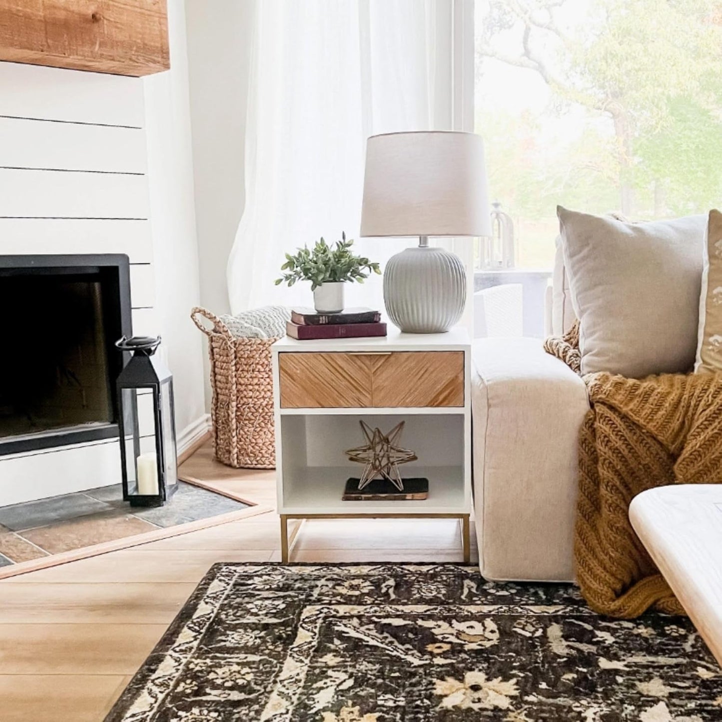 Kensi Nightstand Side Accent or End Table with Storage, White/Gold
