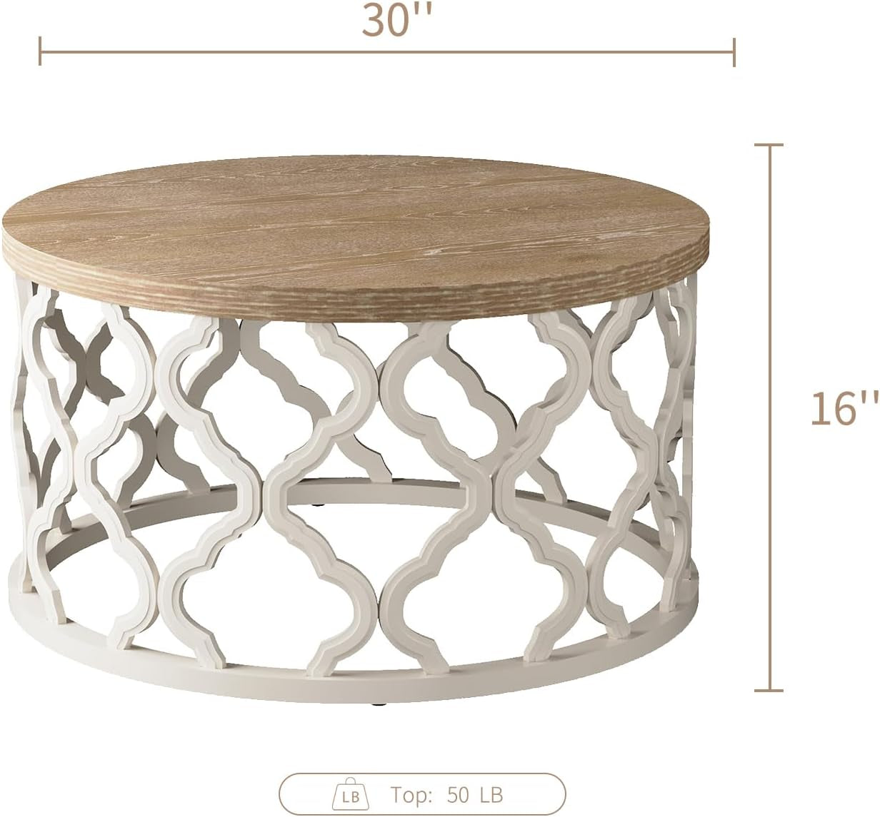 Farmhouse Coffee Table, French Country round Coffee Table, Coastal Coffee Table with Distressed Top, Boho Coffee Table with Curved Motif Frame Base for Living Room, Dining Room, Bedroom