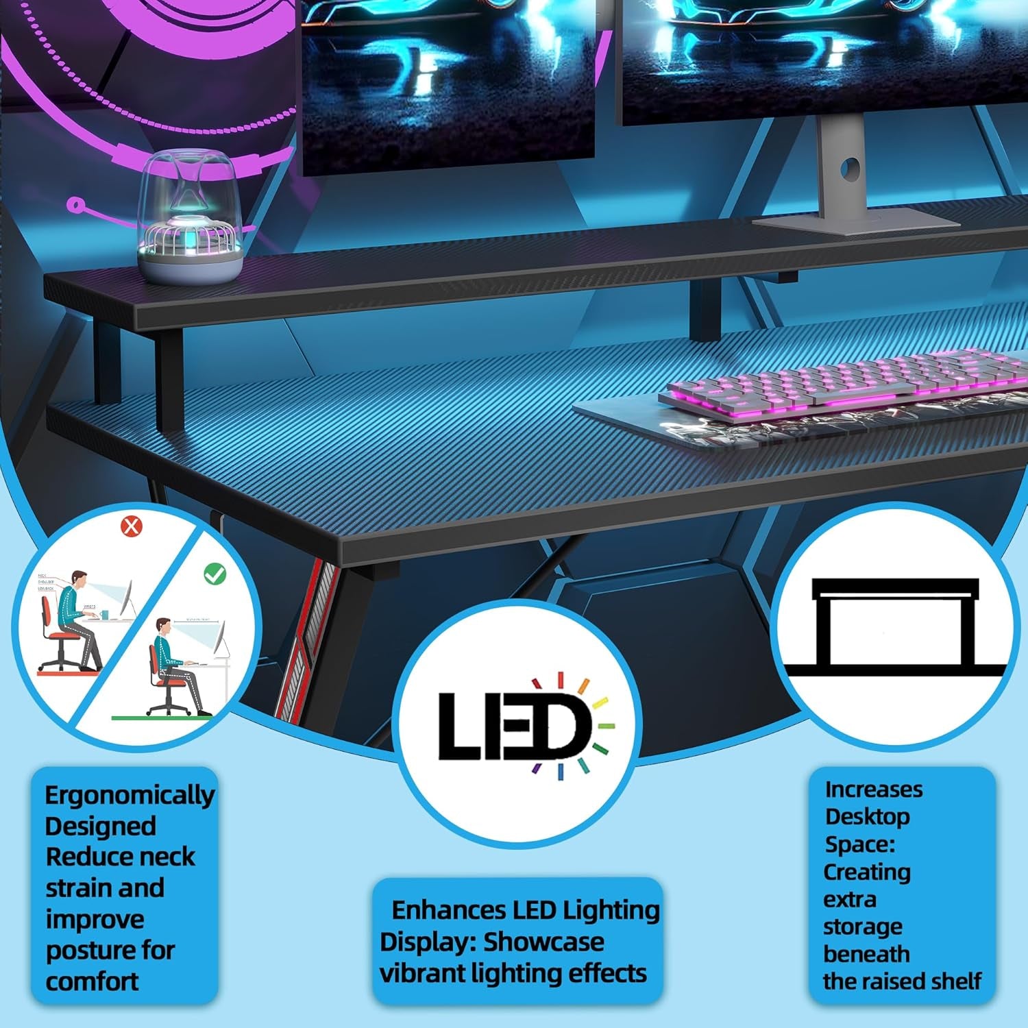 Gaming Desk with Power Outlets & LED 40 Inch Ergonomic Computer Carbon Fiber Surface Gamer Desk, Large Monitor Stand, Headphone Hook, PC Workstation for Bedroom, Black