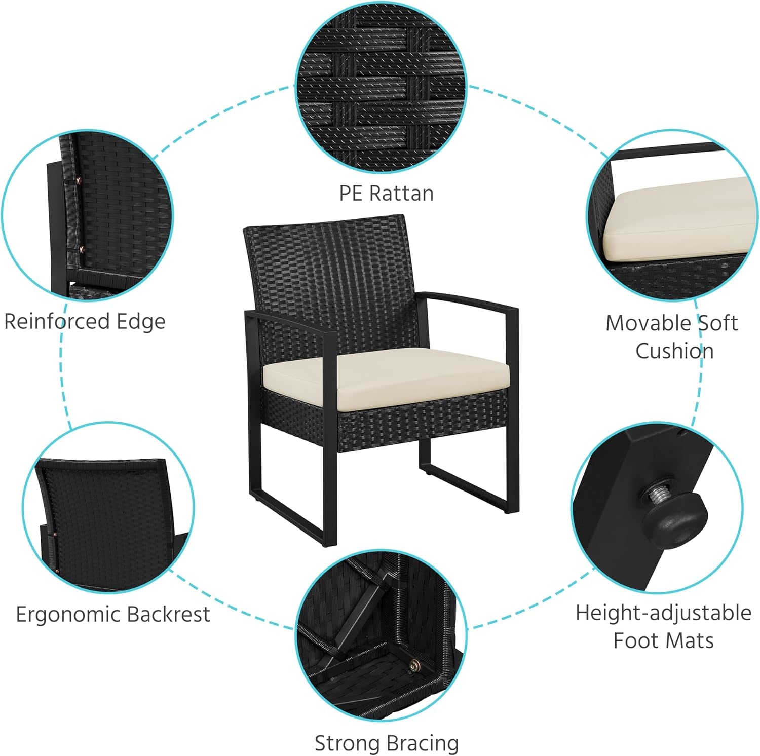 3 Pieces Rattan Bistro Set, Outdoor Wicker Patio Modern Conversation Furniture, 2 Chairs & Tempered Glass Coffee Table for Garden, Balcony, Backyard, Poolside, Black/Beige