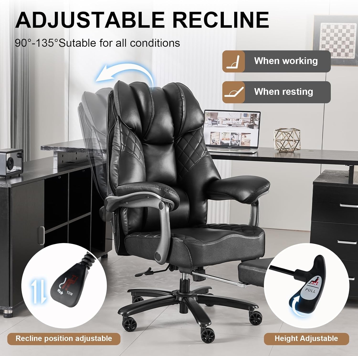 Big and Tall Office Chair 400Lbs for Heavy People, Wide Executive Office Chair with Foot Rest, High Back Ergonomic Desk Chairs Lumbar Support for Lower Back Pain, Leather Black
