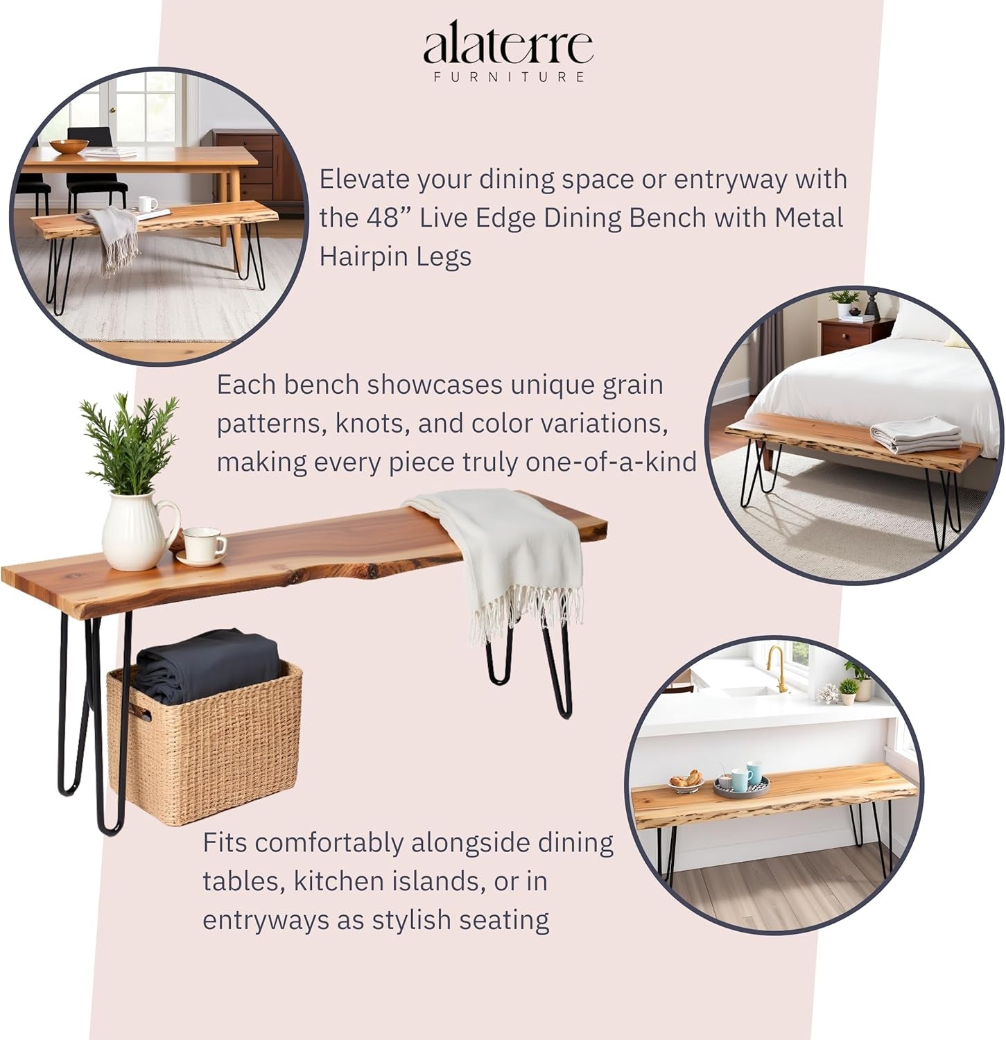 48” Live Edge Dining Bench – Rustic Industrial Farmhouse Solid Acacia Wood with Metal Hairpin Legs – Ideal for Dining Room, Kitchen, or Entryway