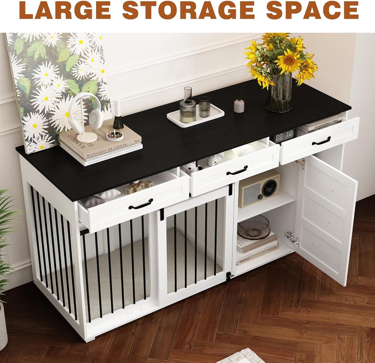 Dog Crate Funiture with Storage, 67" Wooden Heavy Duty Dog Kennel Table Furniture with Drawers & Shelves, Indoor Dog House TV Stand Single Room W/Sliding Door, White