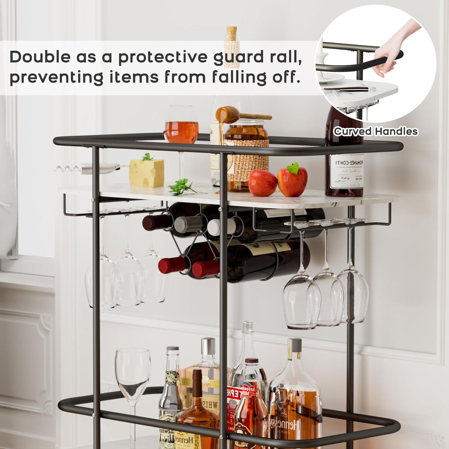 Black Home Bar Cart on Wheels, Mobile Serving Wine Cart with Glass Holder and Wine Rack, Modern Rolling Drink Trolley for Coffee Tea Wine, Beverage Bar Cart for Dinning Room Kitchen Party Black