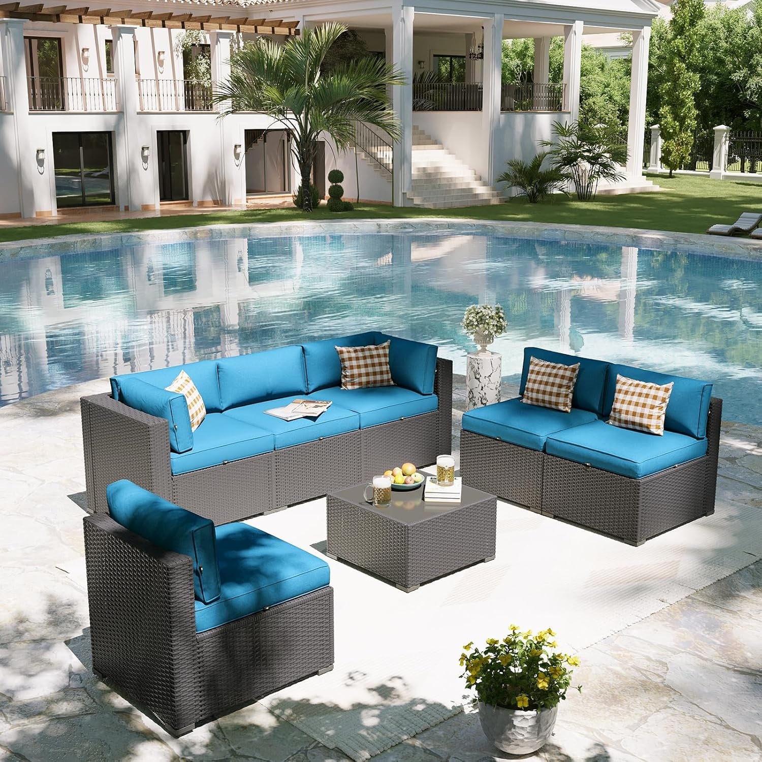 Patio Furniture Set, 7 Piece Outdoor Sectional Sofas with Waterproof Cover, Wicker Rattan Outdoor Furniture Patio Conversation Set for Backyard, Garden Peacock Blue