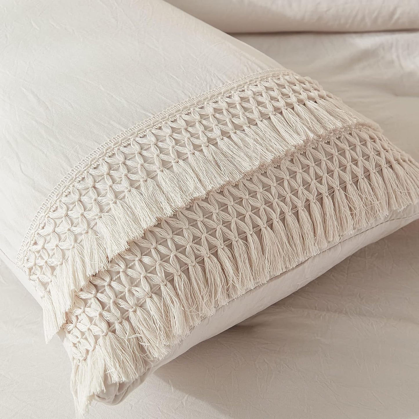 Beige Pillowcases, Macrame Tassel Pillow Cases Set of 2, 100% Washed Microfiber, Cream Decor Tassel Boho Pillow Cover, 2 Pack (King, Beige Tassel)