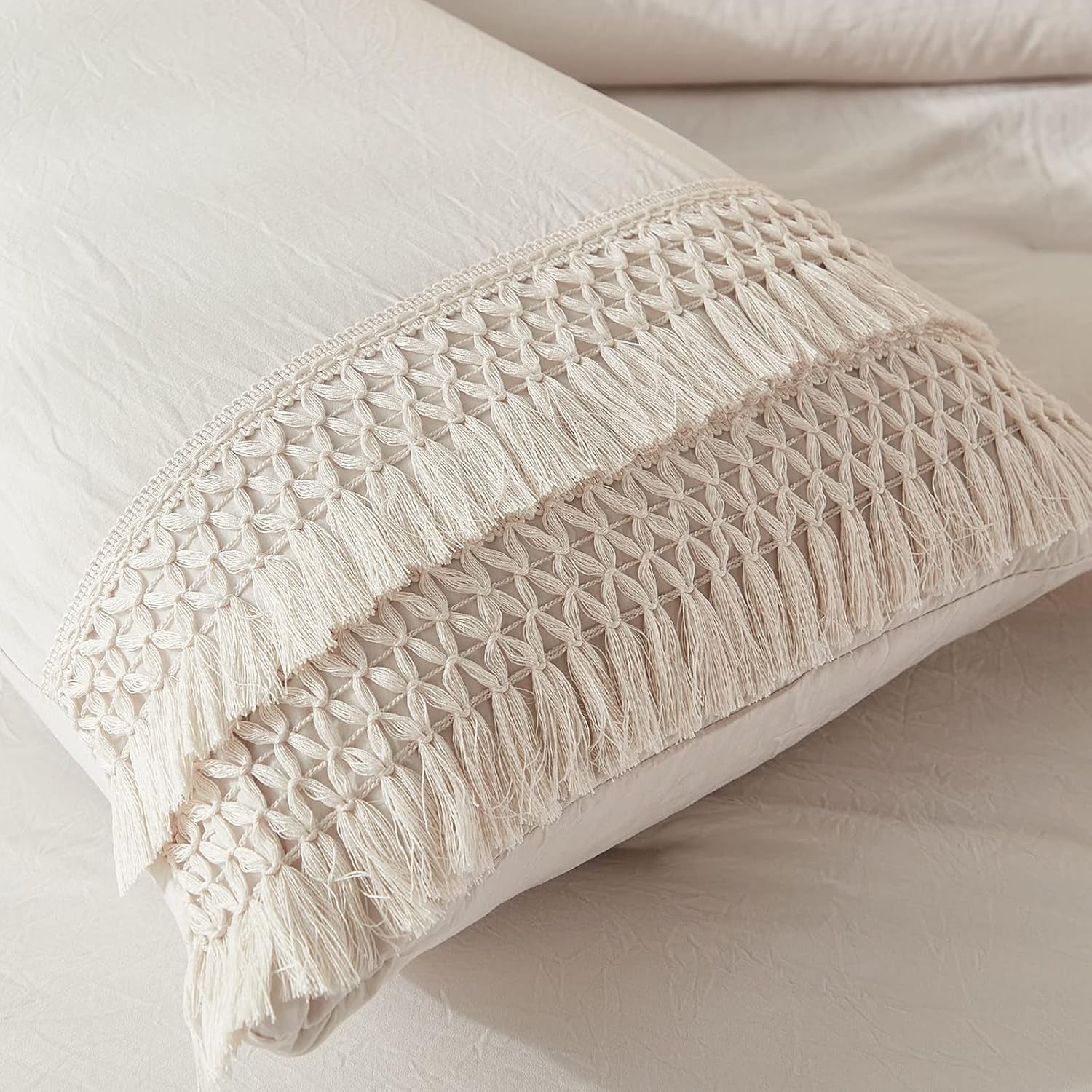 Beige Pillowcases, Macrame Tassel Pillow Cases Set of 2, 100% Washed Microfiber, Cream Decor Tassel Boho Pillow Cover, 2 Pack (King, Beige Tassel)