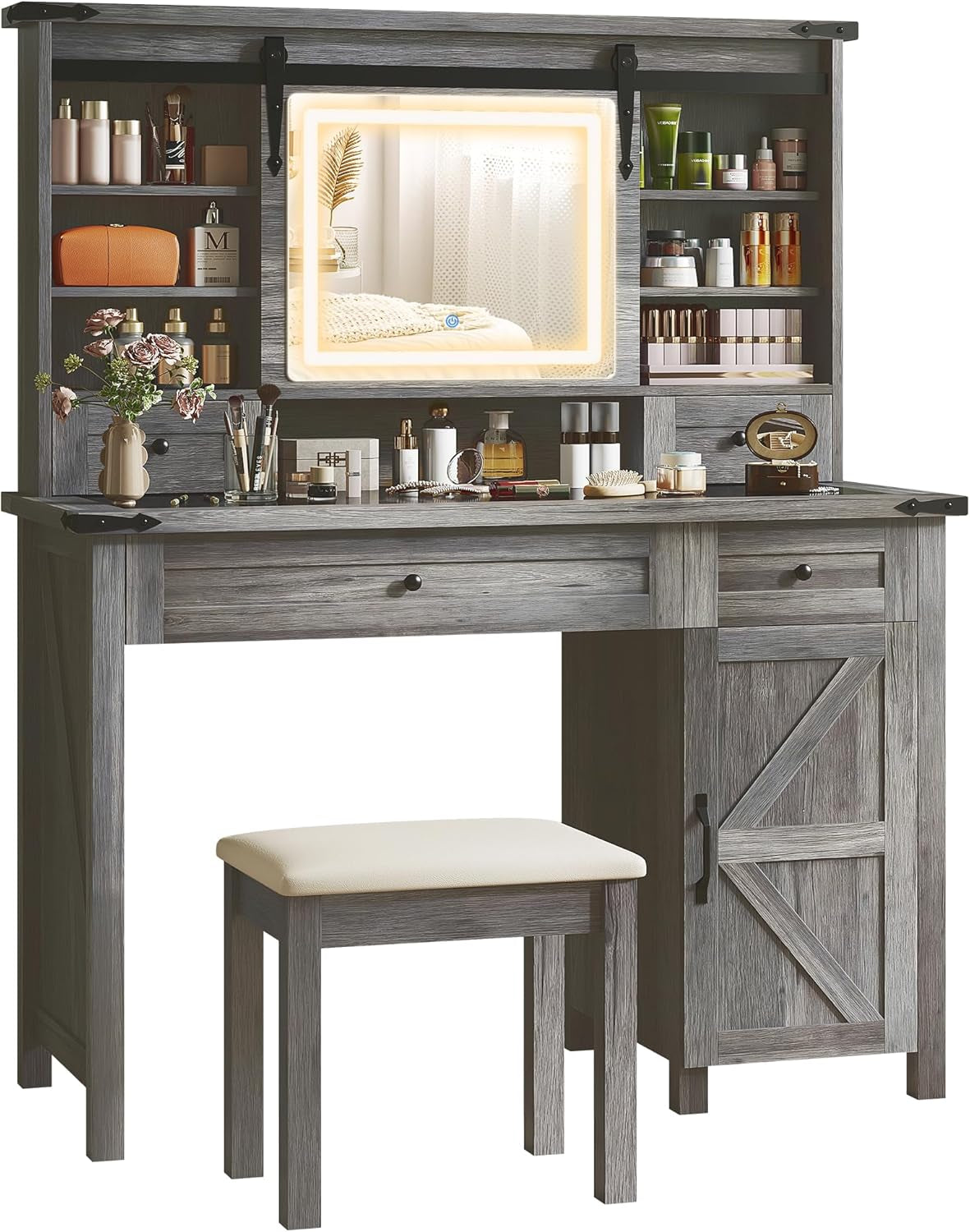 Farmhouse Vanity Desk with Mirror, LED Lights Makeup Vanity Table with 42 Inch Glass Tabletop, Cushioned Stool, Drawers & Shelves & Cabinet, Rustic Dressing Table Set for Bedroom, Gray
