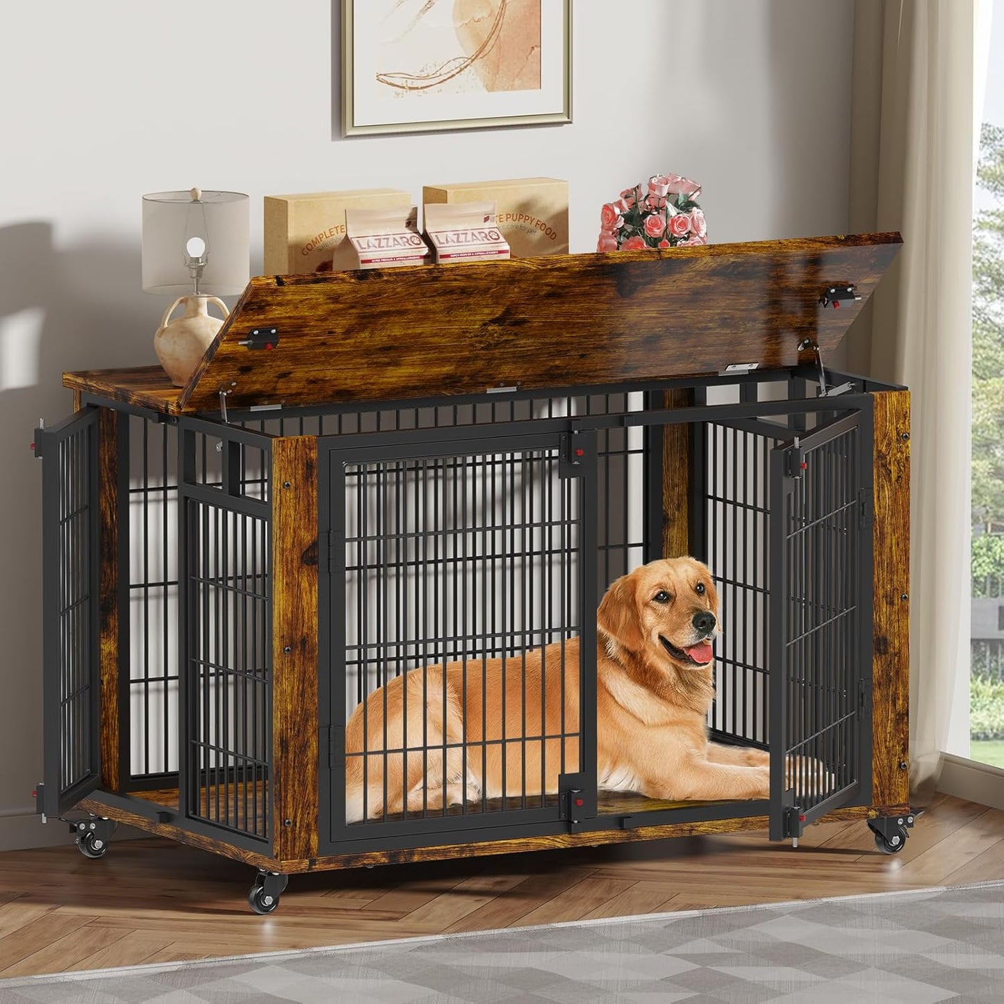 90% Pre-Assembled 41" Moveable XL Dog Crate, Large Dog Crate Furniture with Top-Access Teasing/Feeding Doors, Chew-Resistant Dog Kennel Indoor Furniture for Medium and Large Dogs