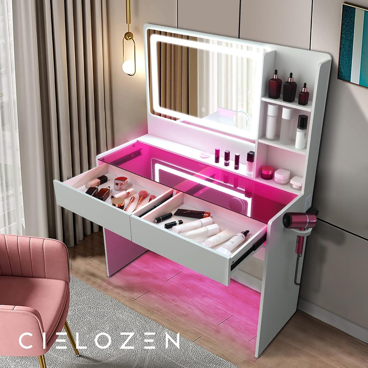 Vanity Desk，Transparent Desktop, Multiple Color Ambient Lights, with Mirror and Tri Color Light Strip, Dressing Table with Charging Station, Equipped with 2 Drawers, White