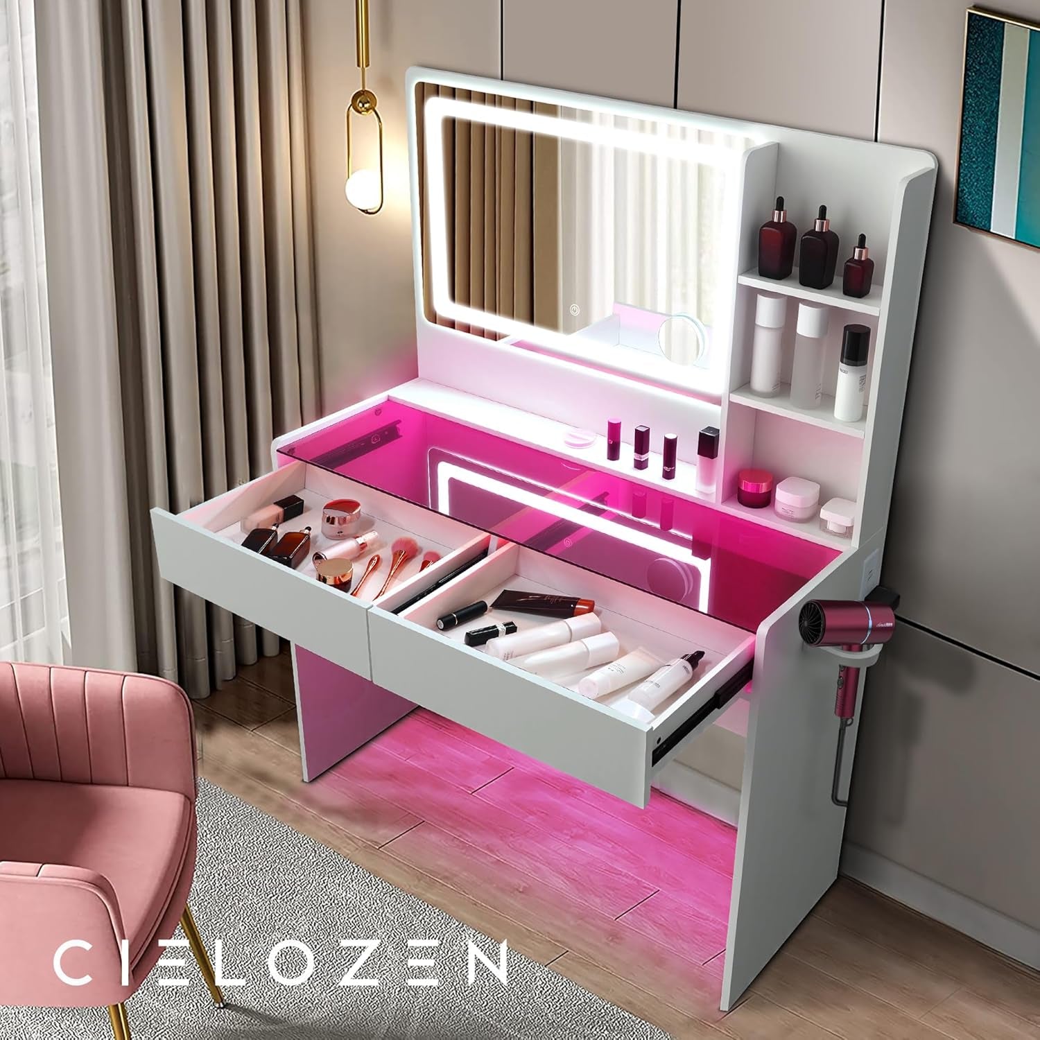 Vanity Desk，Transparent Desktop, Multiple Color Ambient Lights, with Mirror and Tri Color Light Strip, Dressing Table with Charging Station, Equipped with 2 Drawers, White