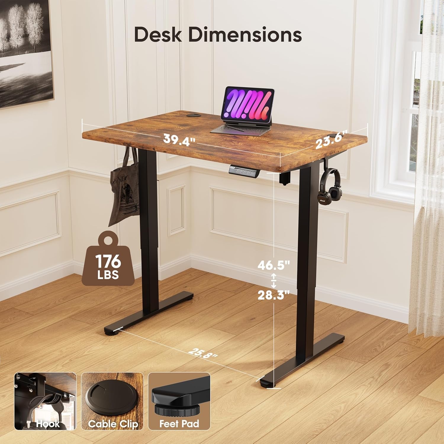 Standing Desk, 39.4'' Small Sit Stand up Rising Desks Height Adjustable Electric Standing Desk with 3 Memory Setting, Ergonomic Home Office Computer Desk Workstation, Rustic Brown