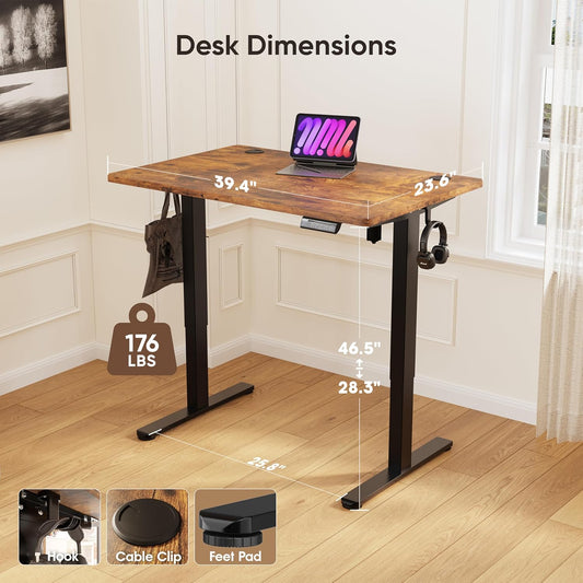 Standing Desk, 39.4'' Small Sit Stand up Rising Desks Height Adjustable Electric Standing Desk with 3 Memory Setting, Ergonomic Home Office Computer Desk Workstation, Rustic Brown