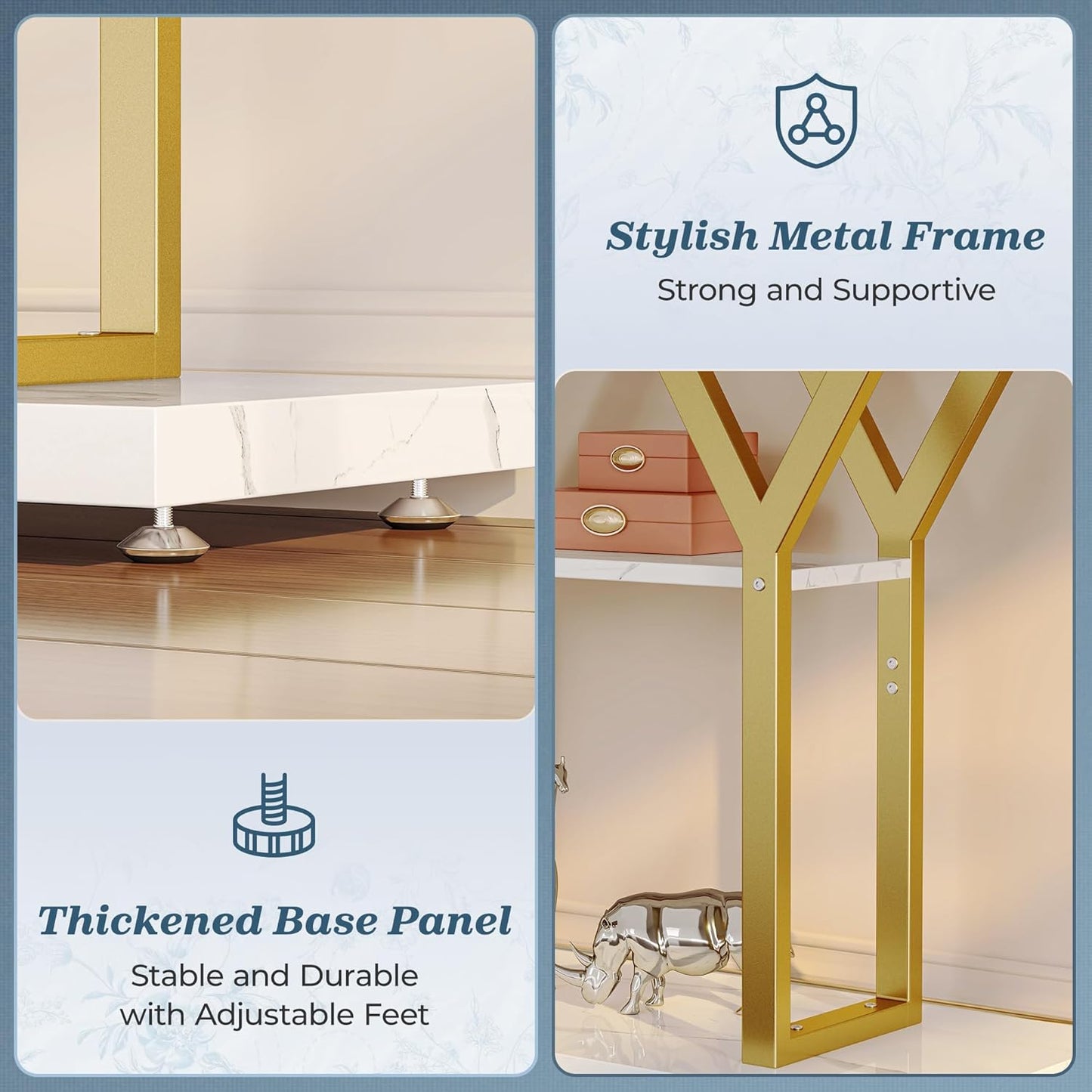 47.2 Inch Entryway Table with Marble Top, Industrial Console Sofa Table, 3 Tier Accent Table, for Entry, Hallway, Entrance, Foyer, Y-Shaped Metal Base, White Marble & Gold