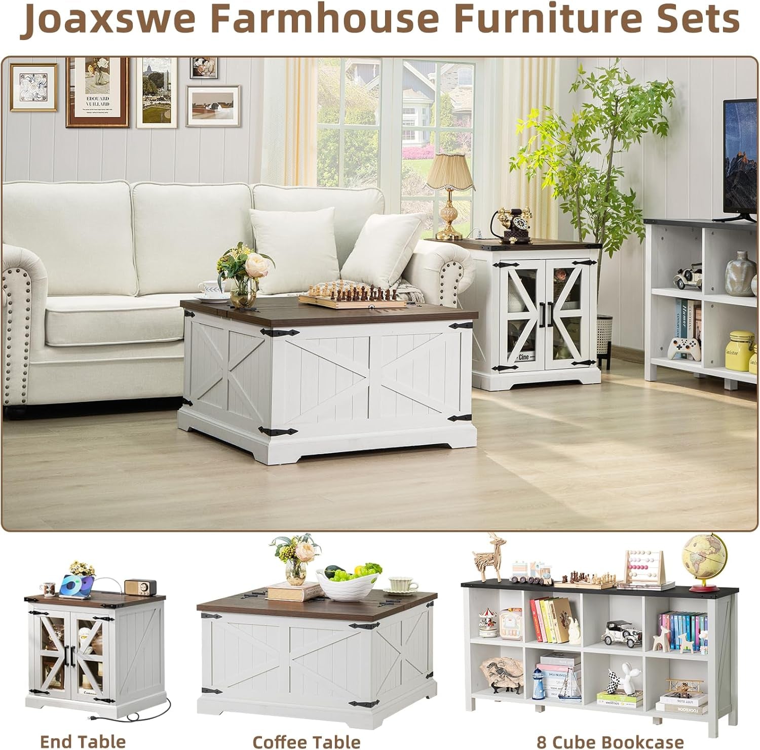 Farmhouse Coffee Table with Large Hidden Storage Compartment, Antique White Square Center Table, Wood Rustic Low Modern Living Room Tables with Hinged Lift Brown Top & Wooden Arc Base