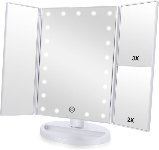 Tri-Fold Lighted Vanity Makeup Mirror with 3X/2X Magnification,21 Leds Light and Touch Screen,180 Degree Free Rotation Countertop Cosmetic Mirror,Travel (White)