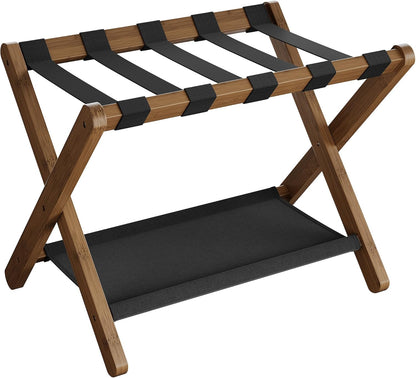 Luggage Rack, Folding Suitcase Stand with Storage Shelf, for Guest Room, Hotel, Bedroom, Heavy-Duty, Holds up to 131 Lb, Walnut Brown URLR007D01