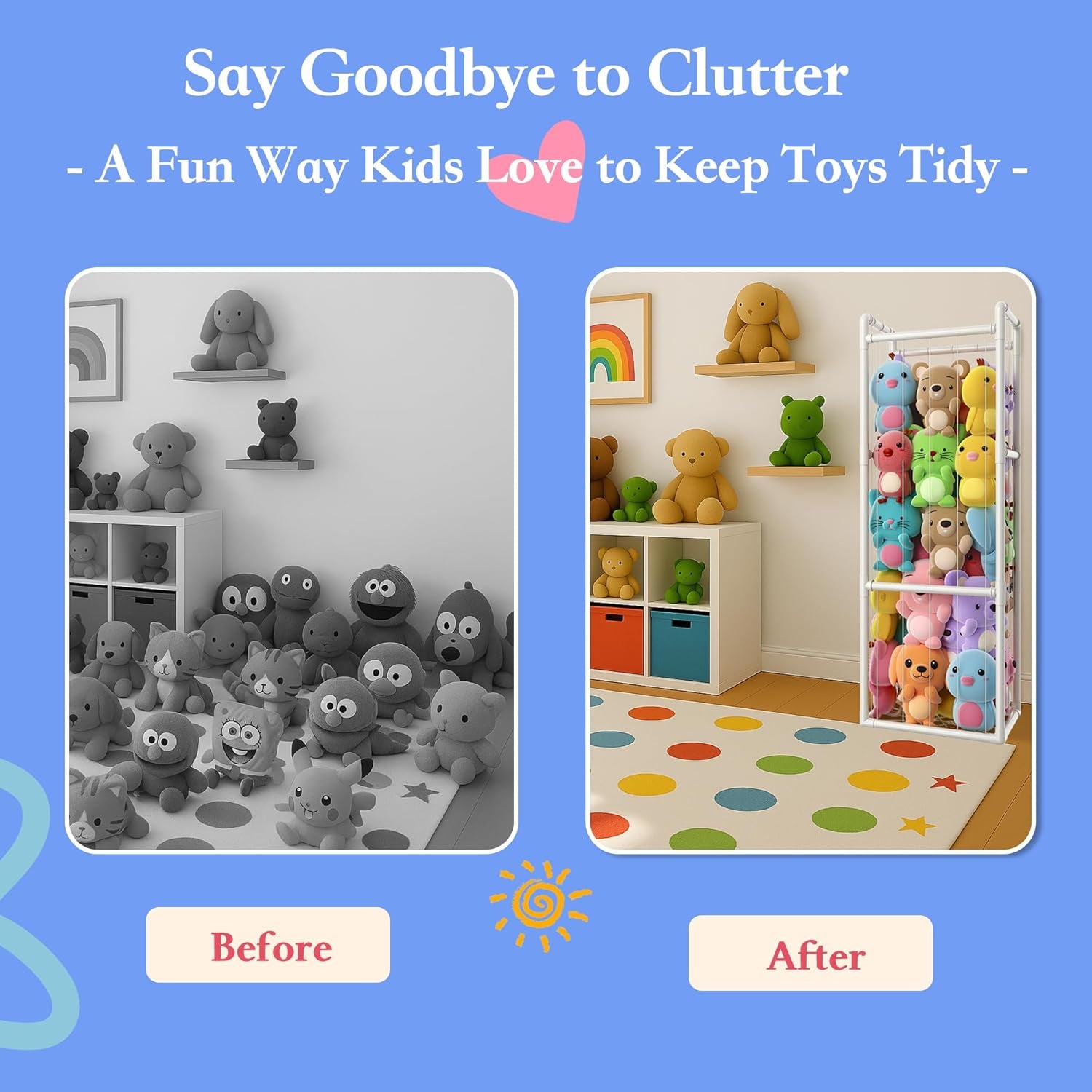 Large Stuffed Animal Storage Organizer - Vertical Zoo Cage & Toy Storage Organizer with Sturdy PVC Tubes - Space-Saving Plush Toy Holder for Kids Room Playroom - Easy Assembly & Fun Cleanup