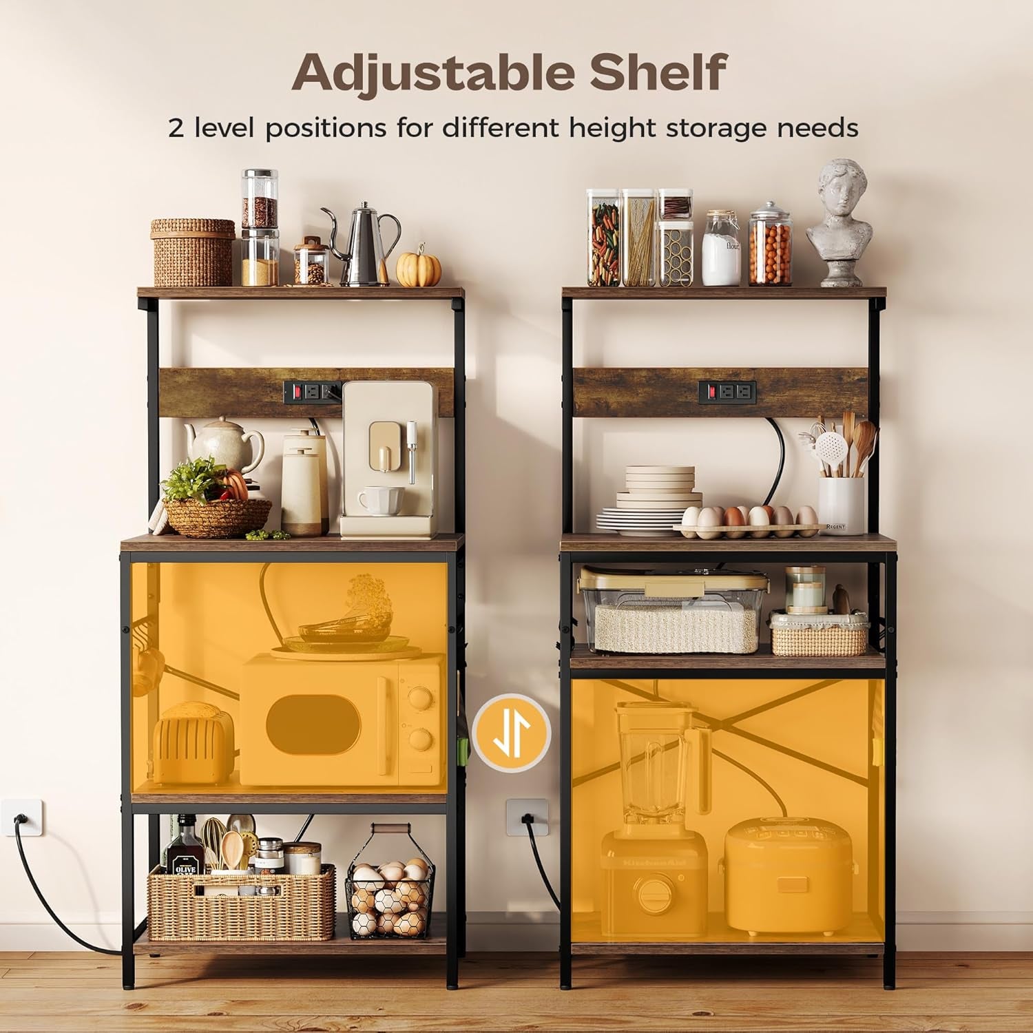 Kitchen Bakers Rack with Power Outlet, Coffee Bar Table 4 Tiers, Kitchen Microwave Stand with 6 S-Shaped Hooks, Storage Shelf Rack for Spices, Pots and Pans - Rustic Brown