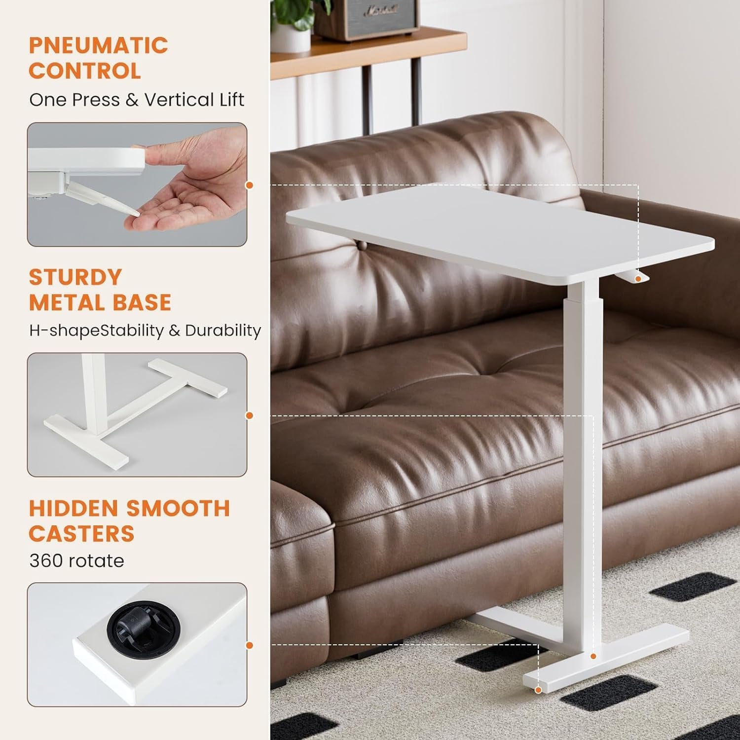 Overbed Bedside Table with Wheels, Adjustable Hospital & Home Use Bed Rolling Laptop Table, Mobile Standing Desk, White