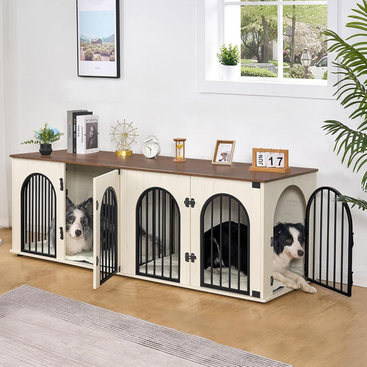 71" Dog Crate Furniture for 2 Dogs, Heavy Duty Indoor Dog Kennel TV Stand, XL Wooden Dog Cage with Divider for Medium Large Dogs, End Table Dog Crate with Cushion, White Brown DFC81914B