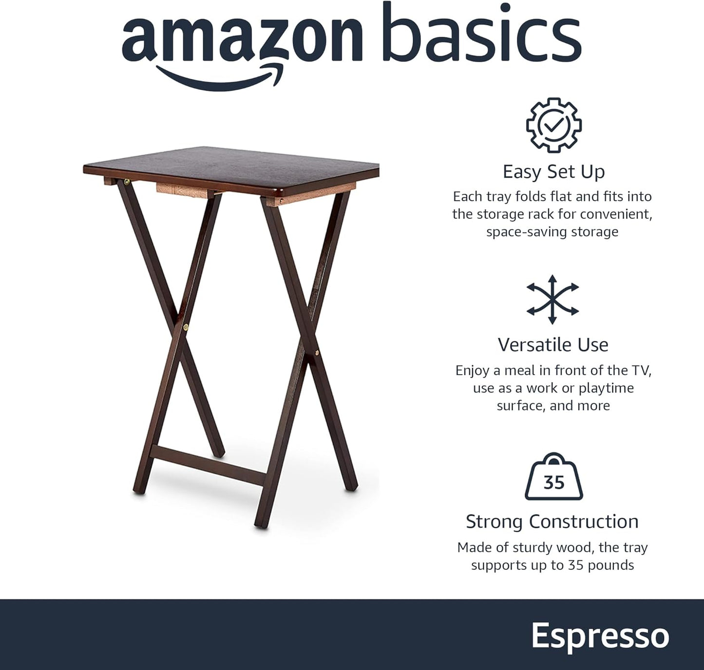 Portable Foldable TV Tray Table with Storage Rack, Space-Saving Design, Sturdy Wood, 14.6"L X 19"W X 26"H, Espresso, 4-Pack