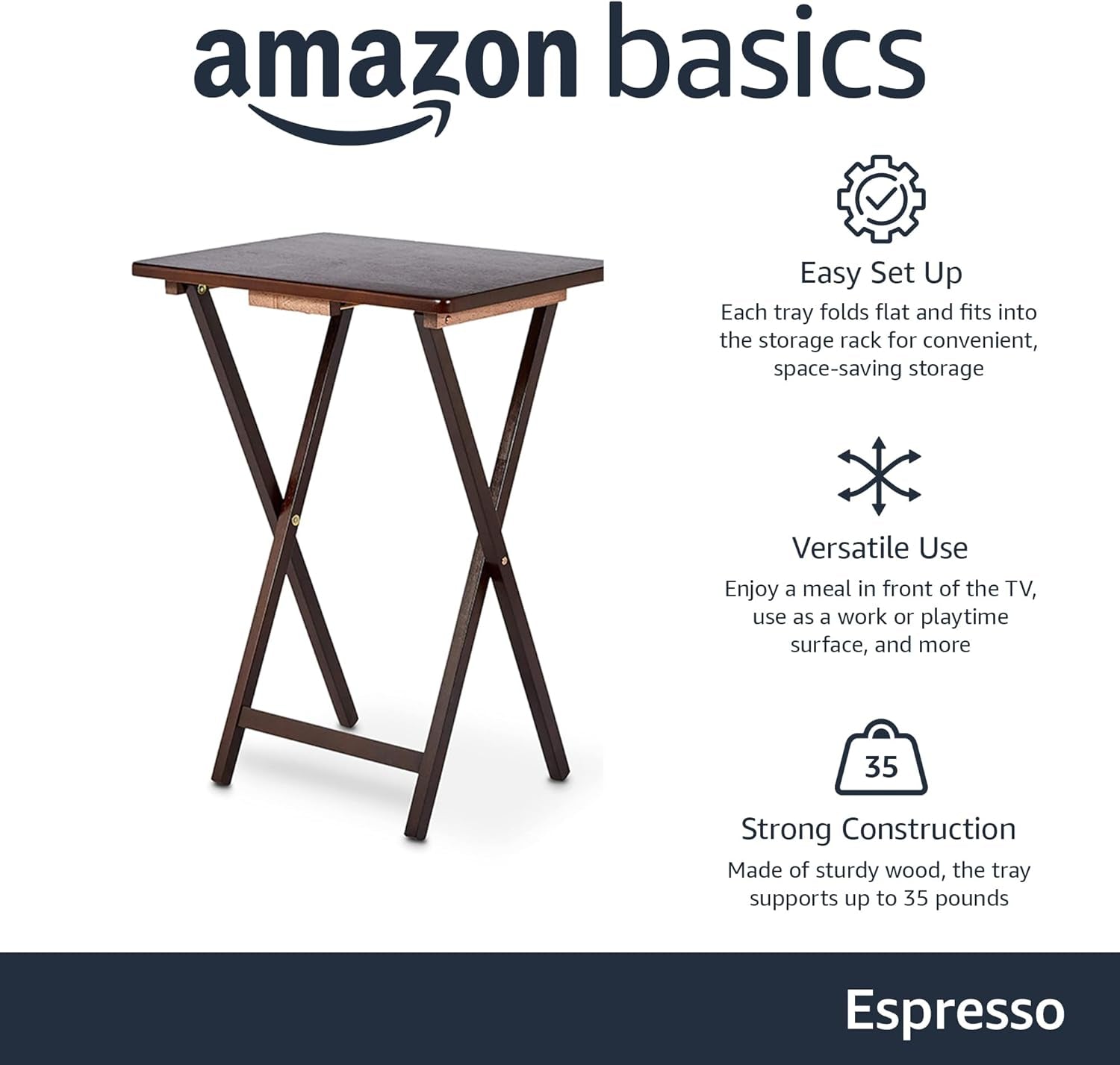 Portable Foldable TV Tray Table with Storage Rack, Space-Saving Design, Sturdy Wood, 14.6"L X 19"W X 26"H, Espresso, 4-Pack