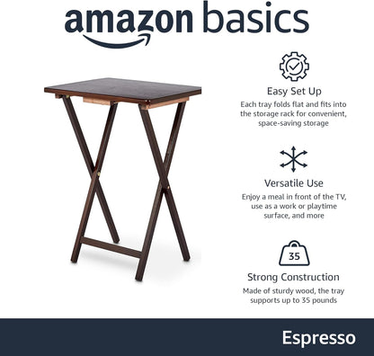 Portable Foldable TV Tray Table with Storage Rack, Space-Saving Design, Sturdy Wood, 14.6"L X 19"W X 26"H, Espresso, 4-Pack