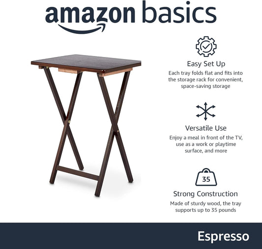 Portable Foldable TV Tray Table with Storage Rack, Space-Saving Design, Sturdy Wood, 14.6"L X 19"W X 26"H, Espresso, 4-Pack