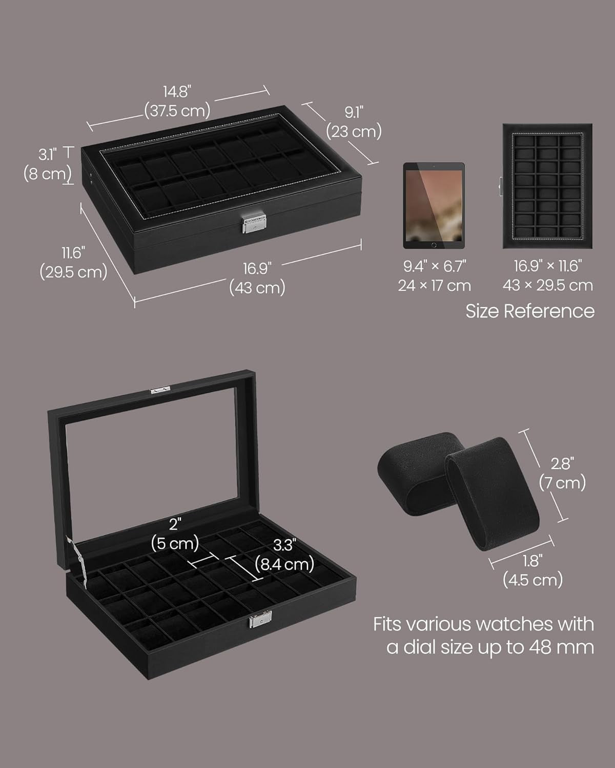 24-Slot Watch Box, Lockable Watch Storage Case with Glass Lid, Gift Idea, Ink Black Synthetic Leather, Ink Black Lining UJWB024B02