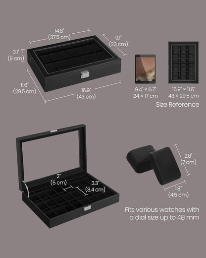 24-Slot Watch Box, Lockable Watch Storage Case with Glass Lid, Gift Idea, Ink Black Synthetic Leather, Ink Black Lining UJWB024B02