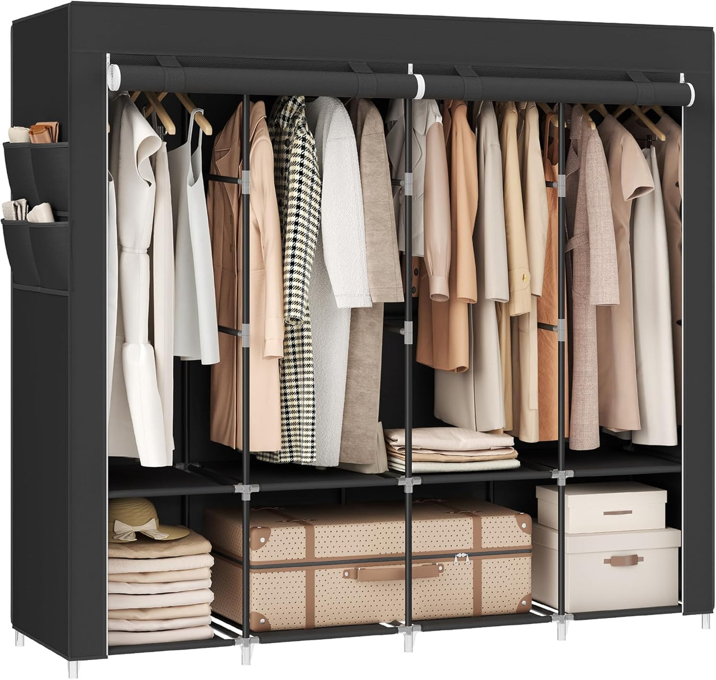 Portable Closet, Wardrobe Closet Organizer with Cover, 3 Hanging Rods and Shelves, 4 Side Pockets, 51.2 X 17.7 X 65.7 Inches, Large Capacity for Bedroom, Living Room, Ink Black URYG092B02