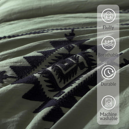 MAIREVE Embroidery Comforter Sets King Size Olive Green - 7 Pieces, Farmhouse Western Bedding Comforter Set, All Season Bed in a Bag King with Sheets, Comforters, Pillowcases & Shams
