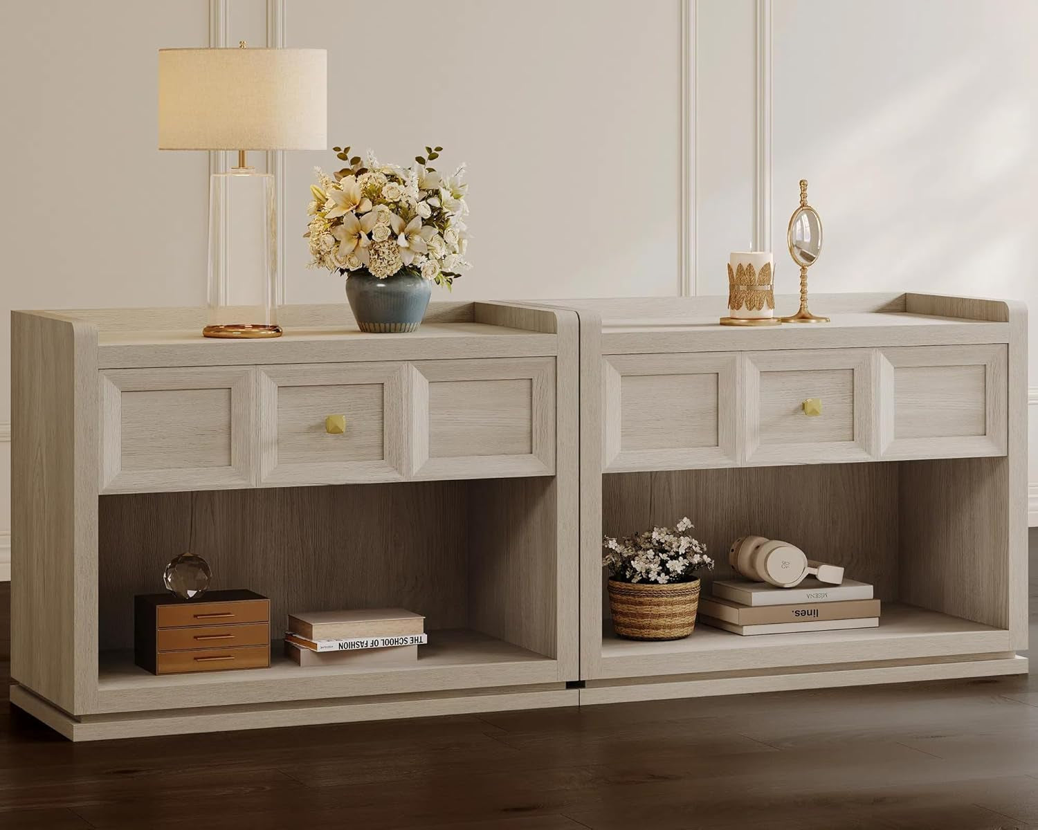 31" Wide Nightstands Set of 2, Large Night Stands with Drawer, Oversized King Size Nightstand Bedside Table for Bedroom, Farmhouse End Side Table Set of 2 with round Corners,Grey White Oak