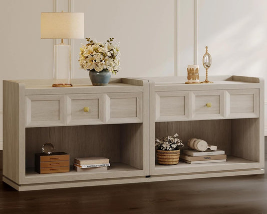 31" Wide Nightstands Set of 2, Large Night Stands with Drawer, Oversized King Size Nightstand Bedside Table for Bedroom, Farmhouse End Side Table Set of 2 with round Corners,Grey White Oak