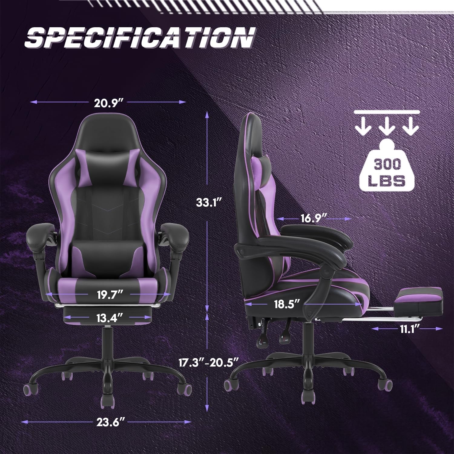 Gaming Chair with Footrest and Massage Lumbar Support, Computer Chairs, Video Racing Seat Height Adjustable with 360°Swivel and Headrest for Office or Bedroom, Purple