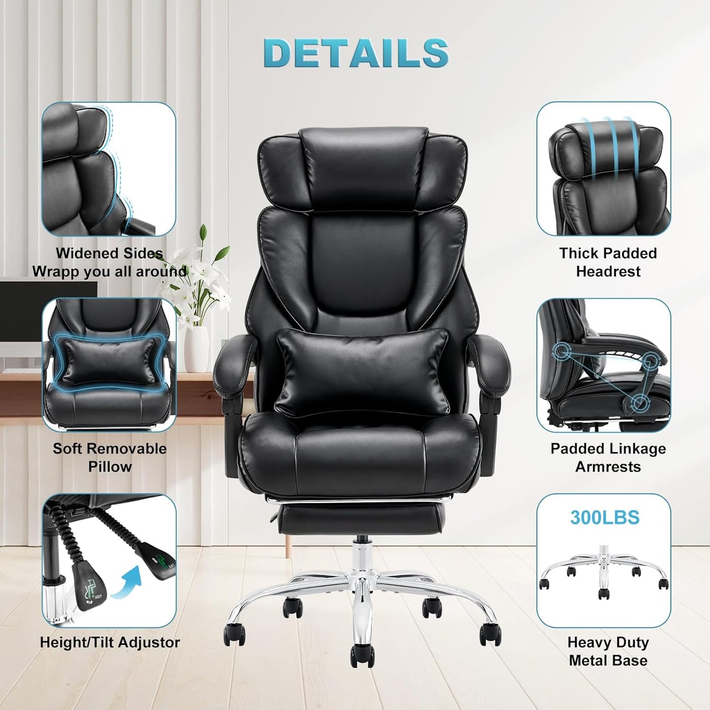 Office Chair with Retractable Footrest, Ergonomic High Back Design Executive Computer Desk Chair with Removable Lumbar Pillow, 90-135°Reclining, Thick Bonded Leather for Home Office Work, Black