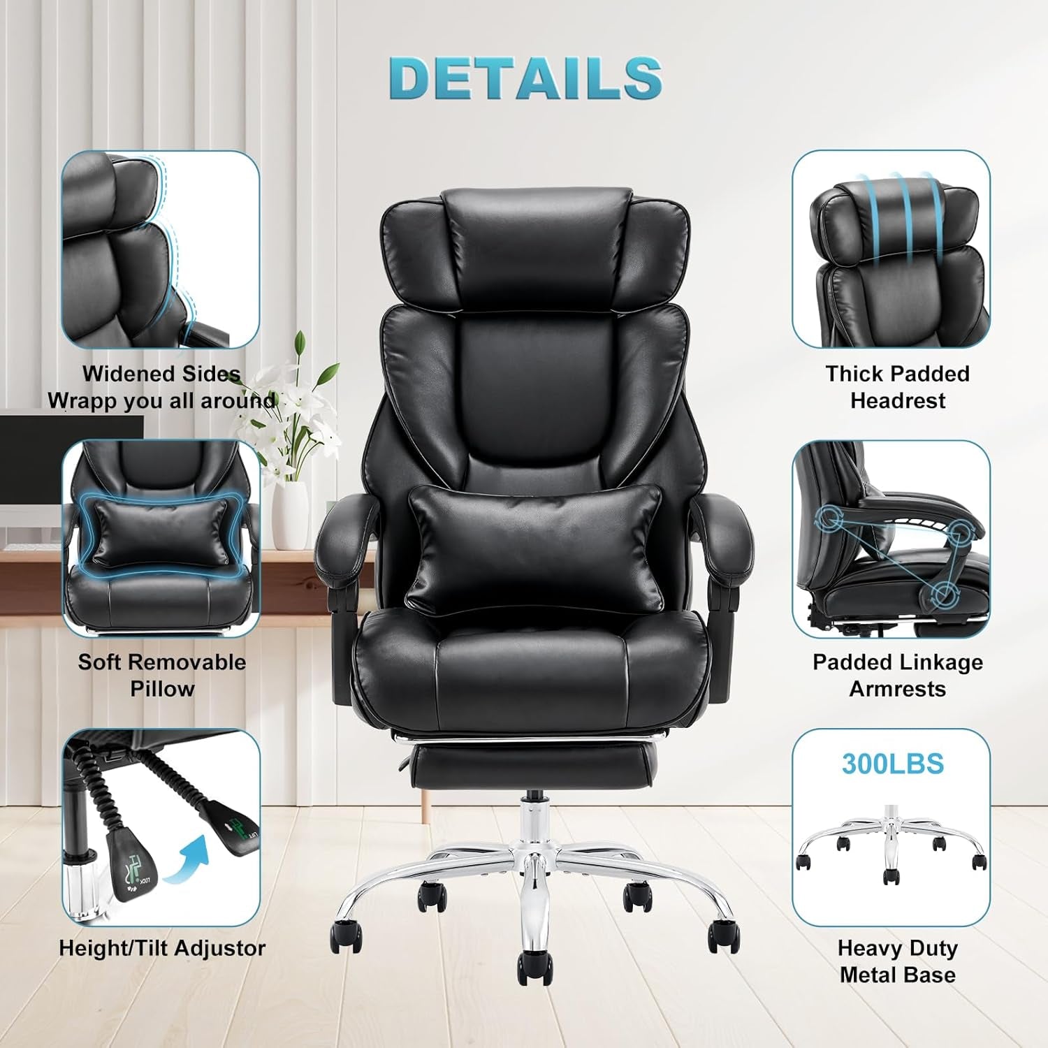 Office Chair with Retractable Footrest, Ergonomic High Back Design Executive Computer Desk Chair with Removable Lumbar Pillow, 90-135°Reclining, Thick Bonded Leather for Home Office Work, Black