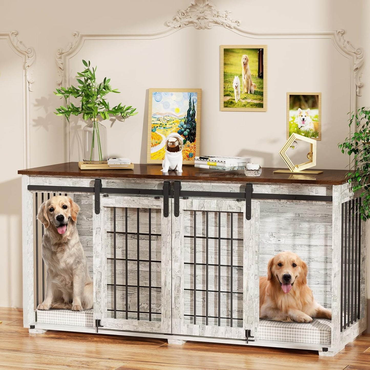 Dog Crate Furniture, 63''Wooden Dog Kennel with Removable Divider and Sliding Door, Dog Crates with Double Rooms, Heavy Duty Dog Crate Table Indoor TV Stand for Small Medium Large Dogs