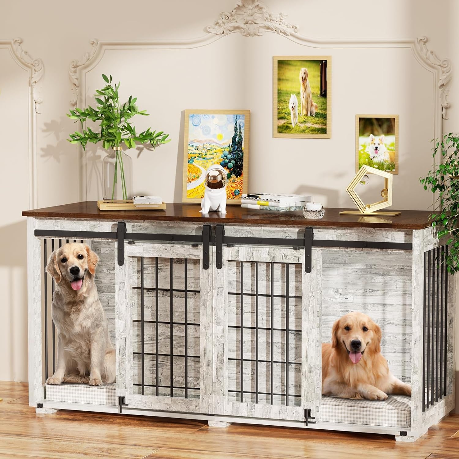 Dog Crate Furniture, 63''Wooden Dog Kennel with Removable Divider and Sliding Door, Dog Crates with Double Rooms, Heavy Duty Dog Crate Table Indoor TV Stand for Small Medium Large Dogs