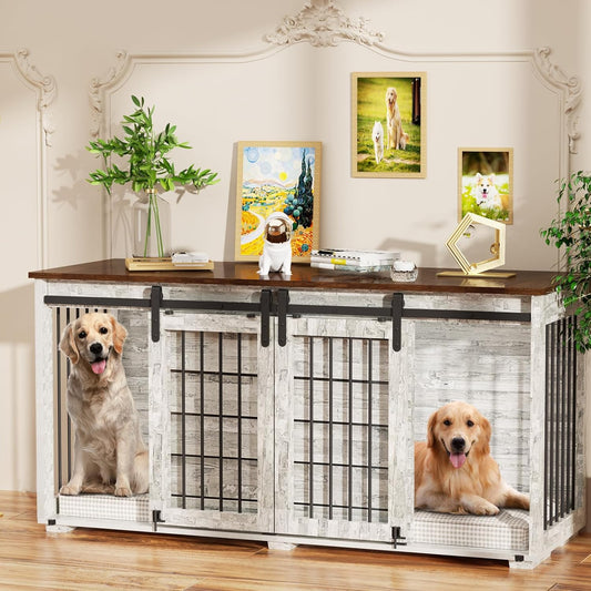 Dog Crate Furniture, 63''Wooden Dog Kennel with Removable Divider and Sliding Door, Dog Crates with Double Rooms, Heavy Duty Dog Crate Table Indoor TV Stand for Small Medium Large Dogs